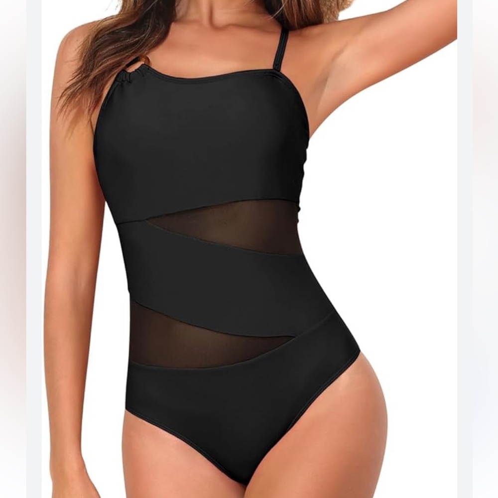 HEYTALALA womens black one piece swimsuit w mesh panel middle size XL NWT